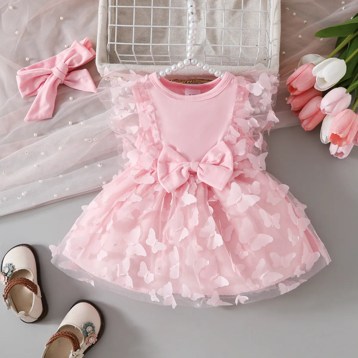 Baby Girl Butterfly Gauze Puffy Dress Sleeveless A-Line Solid Color