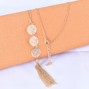 Women Retro Hollow Geometric Round Tassel Pendant Necklace