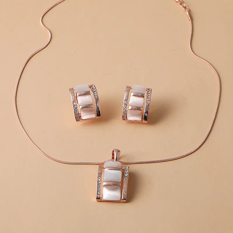 Women Fashion Long Square Cat Eye Necklace Earrings Two Piece Set