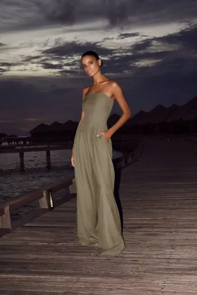 Women Fashion Sexy Solid Color Tube Top Slim-Fit Jumpsuits