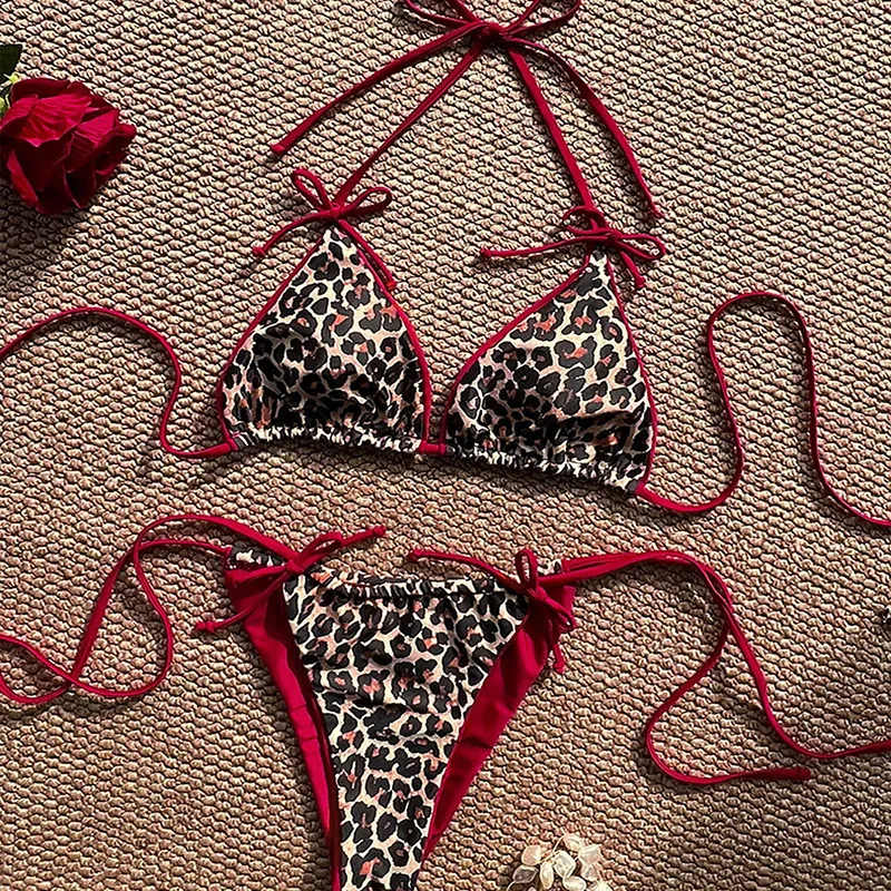 Women Sexy Leopard Color Block Lace-Up Bikini Swimsuit