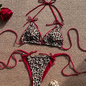 Women Sexy Leopard Color Block Lace-Up Bikini Swimsuit
