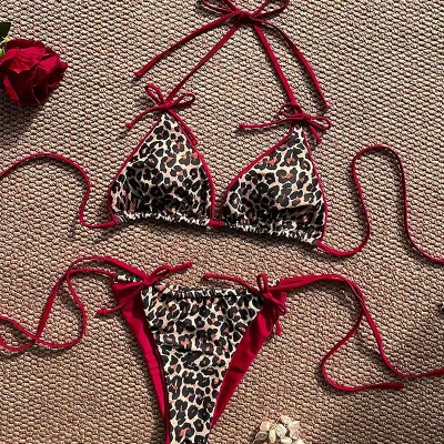 Women Sexy Leopard Color Block Lace-Up Bikini Swimsuit