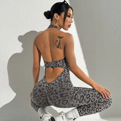 Seamless Leopard Print Women Tight Halter Neck Yoga Sports Jumpsuit