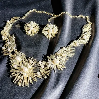 Women Fashion Exaggerated Geometric Alloy Imitation Pearls Necklace Earrings Two-Piece Set