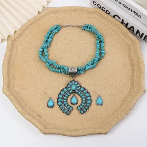 Women's Fashion Retro Geometric Round Floral Turquoise Pendant Earrings Necklace Two-Piece Set