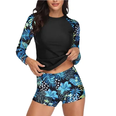 Women Fashion Casual Printed Long-Sleeve Top Quick-Drying Swimming Trunks Two-Piece Set