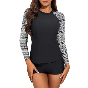 Women Fashion Casual Printed Long-Sleeve Top Quick-Drying Swimming Trunks Two-Piece Set