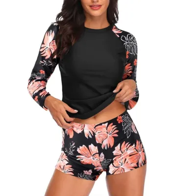Women Fashion Casual Printed Long-Sleeve Top Quick-Drying Swimming Trunks Two-Piece Set