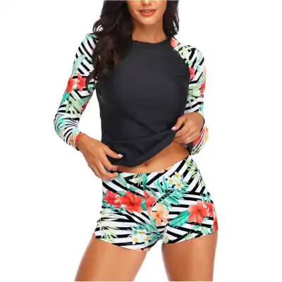 Women Fashion Casual Printed Long-Sleeve Top Quick-Drying Swimming Trunks Two-Piece Set