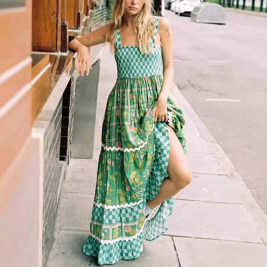 Women Fashion Printed Lace Sleeveless Backless Lace-Up Loose Maxi Dress