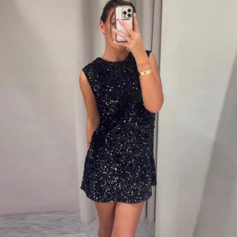 Women Fashion Elegant Solid Color Sequins Sleeveless Bowknot Lace-Up Slim Fit Dress
