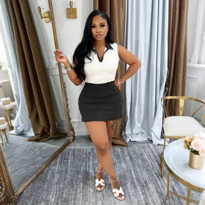 Women Sexy Stitching Lapel Sleeveless Bodycon Dress