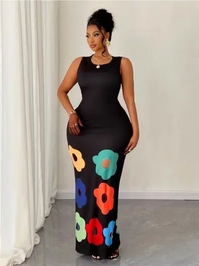 Women Fashion Sexy Floral Printed Round Neck Sleeveless Hollow-Out Slim Fit Dress