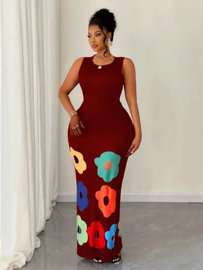 Women Fashion Sexy Floral Printed Round Neck Sleeveless Hollow-Out Slim Fit Dress