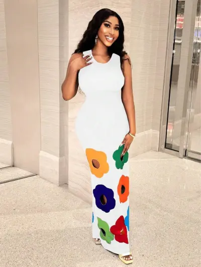 Women Fashion Sexy Floral Printed Round Neck Sleeveless Hollow-Out Slim Fit Dress