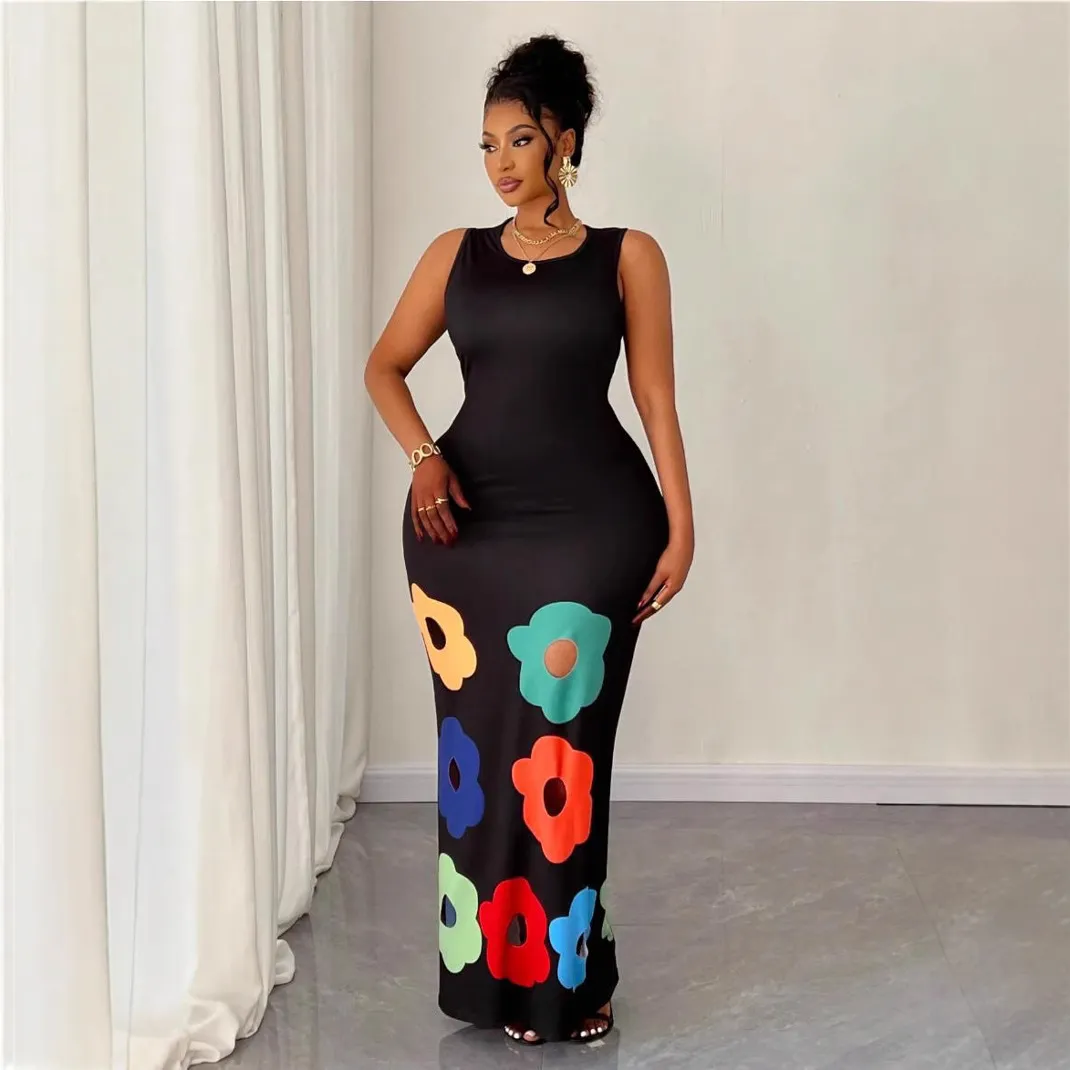Women Fashion Sexy Floral Printed Round Neck Sleeveless Hollow-Out Slim Fit Dress