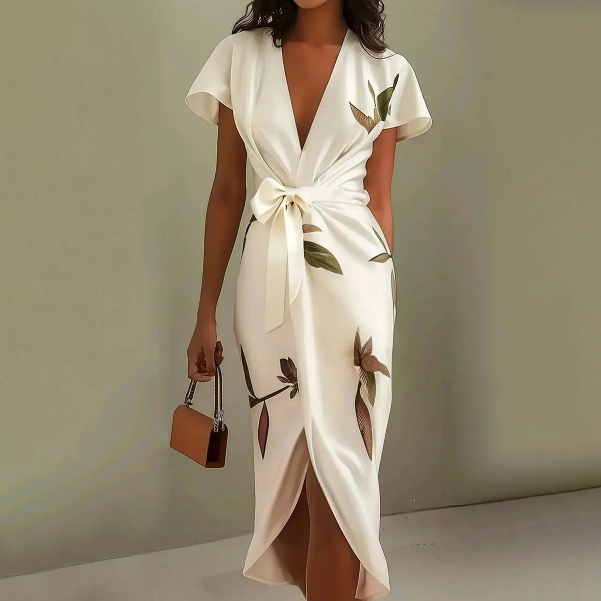 Women Casual Satin Printed V-Neck Short-Sleeve Lace-Up Midi Dress