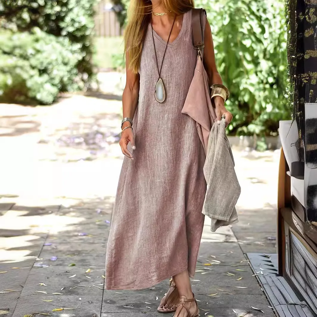 Women Casual Cotton Linen V-Neck Sleeveless Loose Maxi Dress