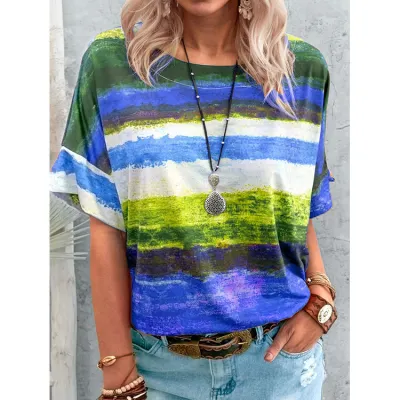 Women Casual Multicolor Gradient Print Short-Sleeve T-Shirt