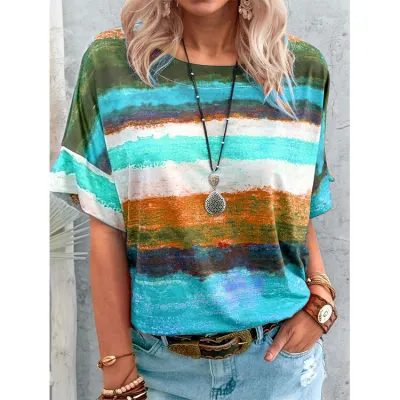 Women Casual Multicolor Gradient Print Short-Sleeve T-Shirt