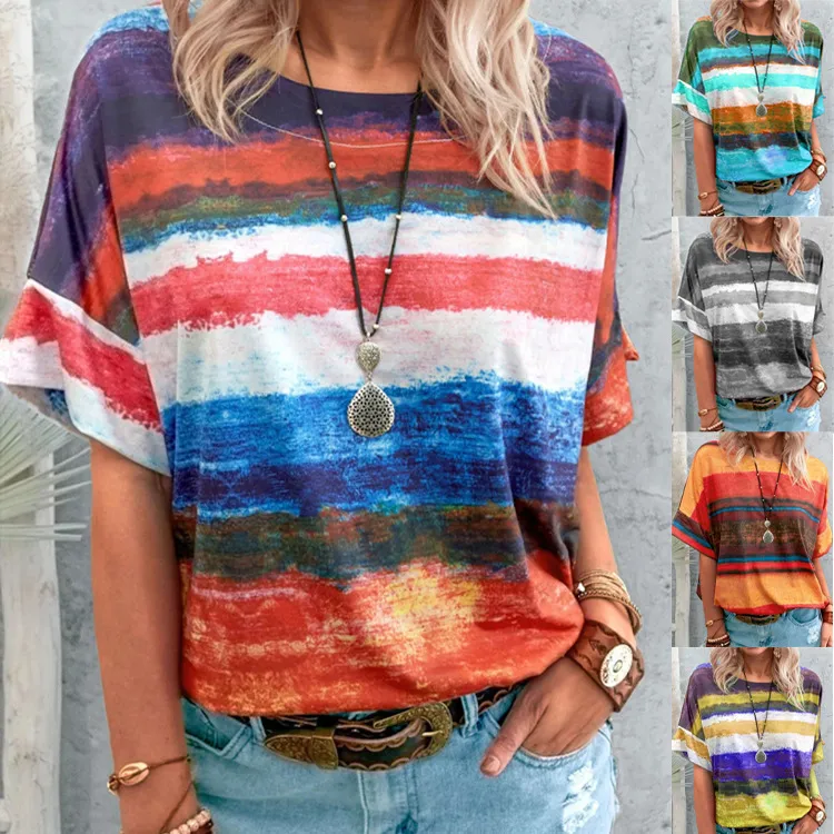 Women Casual Multicolor Gradient Print Short-Sleeve T-Shirt