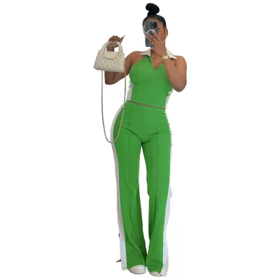 Women Fashion Color Blocking V-Neck Zipper Sleeveless Top Split Pants Two-Piece Set