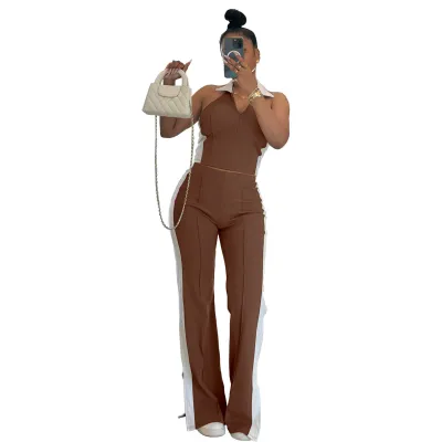 Women Fashion Color Blocking V-Neck Zipper Sleeveless Top Split Pants Two-Piece Set