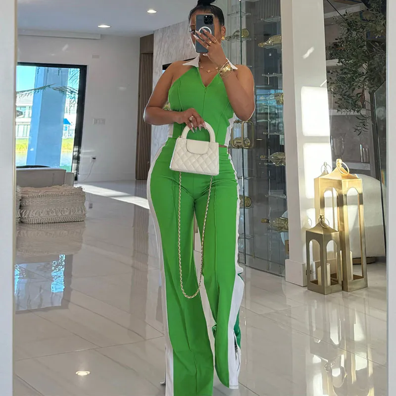 Women Fashion Color Blocking V-Neck Zipper Sleeveless Top Split Pants Two-Piece Set