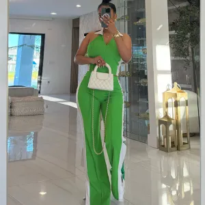 Women Fashion Color Blocking V-Neck Zipper Sleeveless Top Split Pants Two-Piece Set