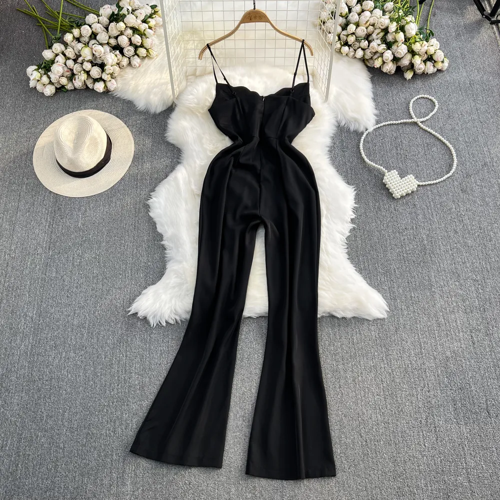 Women V-Neck High-Waist Spaghetti Strap Jumpsuits - Horn Sleeve Wide Leg