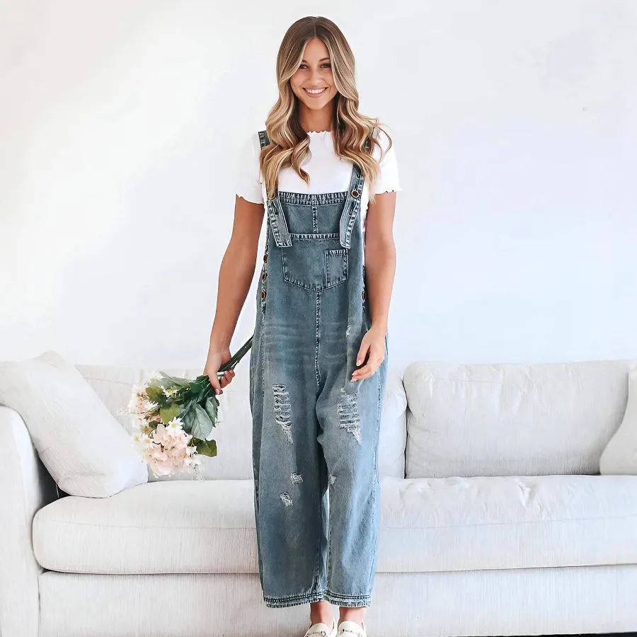 Women Casual Retro Ripped Loose Wide Leg Denim Suspenders Jumpsuit