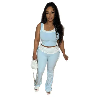Women Casual Stitching Contrast Color Sleeveless Tank Top Slim Fit Pants Two-Pieces Set