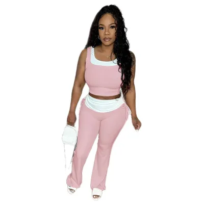 Women Casual Stitching Contrast Color Sleeveless Tank Top Slim Fit Pants Two-Pieces Set