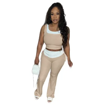 Women Casual Stitching Contrast Color Sleeveless Tank Top Slim Fit Pants Two-Pieces Set