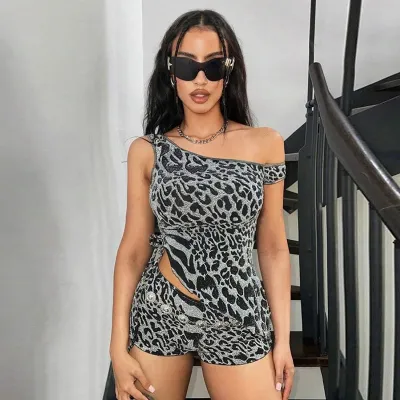 Women Fashion Sexy Zebra Printed Slant Shoulder Lace-Up Tank Top Tight Shorts Two-Piece Set