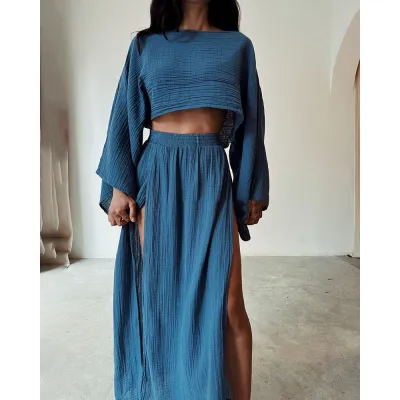Women Casual Cotton Linen Long-Sleeve Crop Top High Waist Split Skirt Two-Piece Set