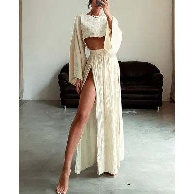 Women Casual Cotton Linen Long-Sleeve Crop Top High Waist Split Skirt Two-Piece Set