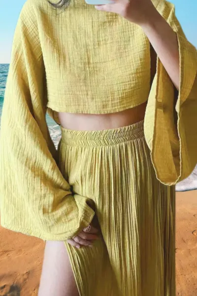 Women Casual Cotton Linen Long-Sleeve Crop Top High Waist Split Skirt Two-Piece Set