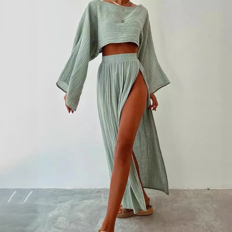 Women Casual Cotton Linen Long-Sleeve Crop Top High Waist Split Skirt Two-Piece Set