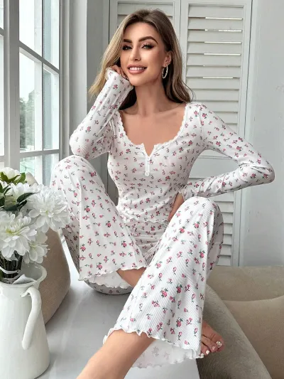 Women's Casual Floral Printed V-Neck Long Sleeve Top and Loose Pants Pajama Set