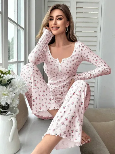 Women's Casual Floral Printed V-Neck Long Sleeve Top and Loose Pants Pajama Set