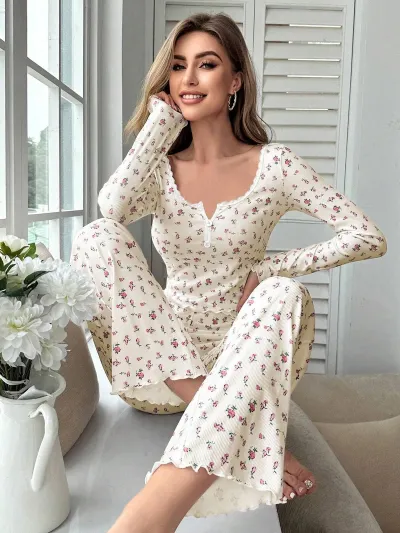 Women's Casual Floral Printed V-Neck Long Sleeve Top and Loose Pants Pajama Set