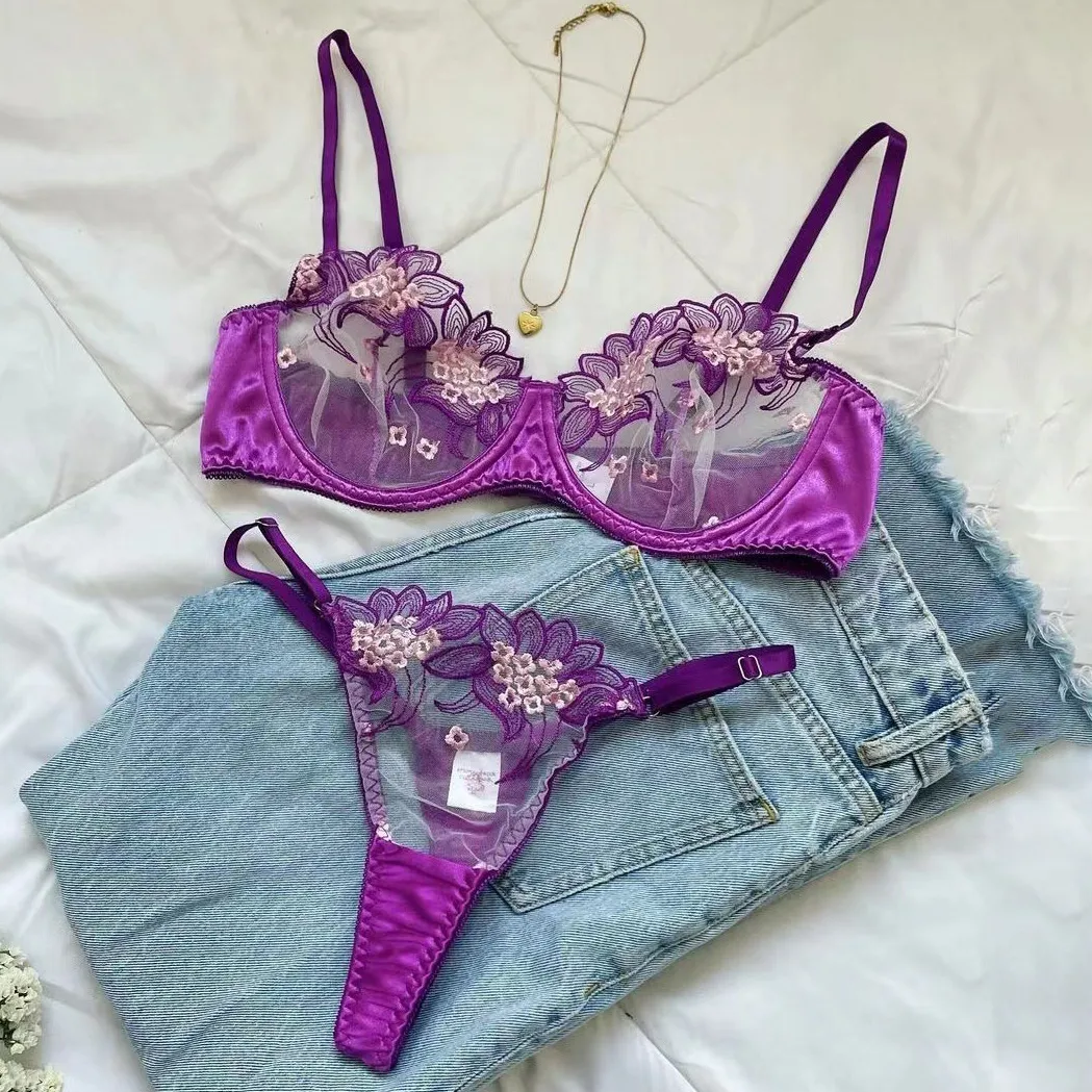 Women's Lace Floral Embroidered Sexy Lingerie Bra Set