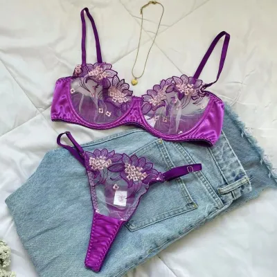 Women's Lace Floral Embroidered Sexy Lingerie Bra Set