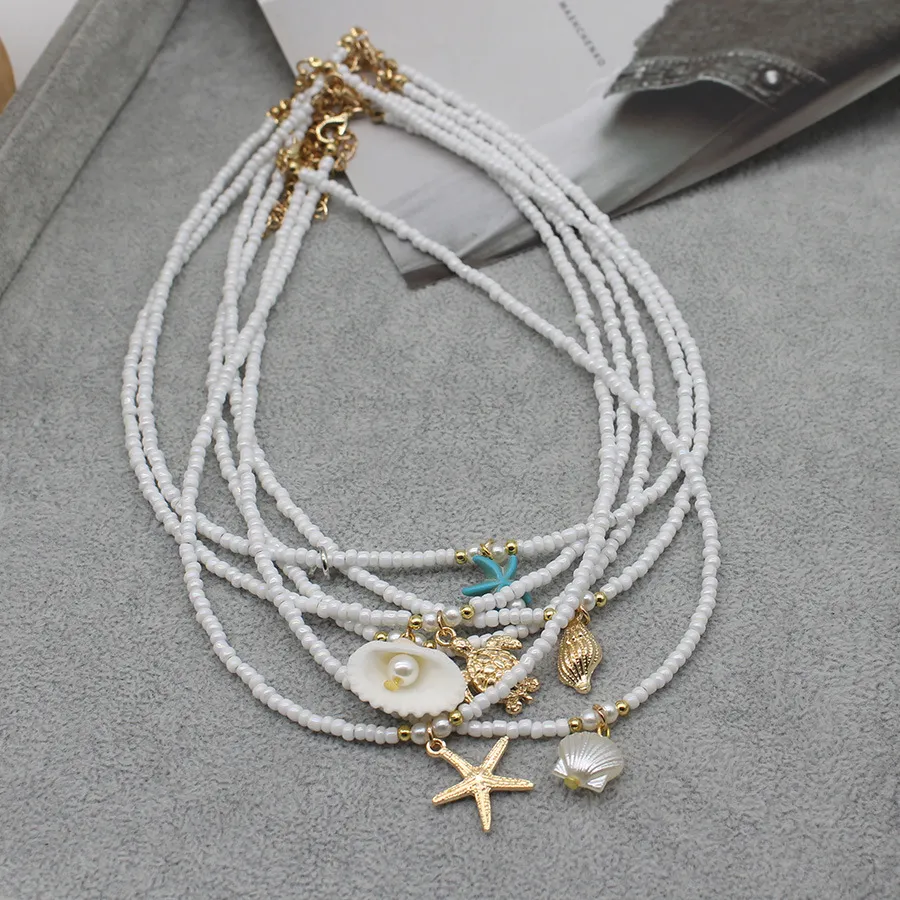 Women Fashion Vacation Multicolor Beaded Starfish Pendant Necklace