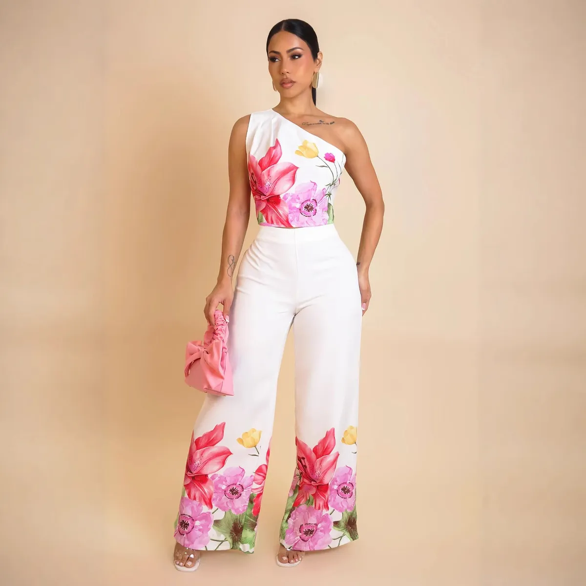 Women's Elegant Floral Printed Slanted Shoulder Sleeveless Crop Top Wide Leg Pants Two-Piece Set