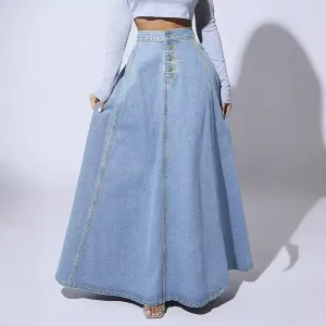 Women's Single-Breasted Denim A-Line Skirt Street Hipster Style Long Dress