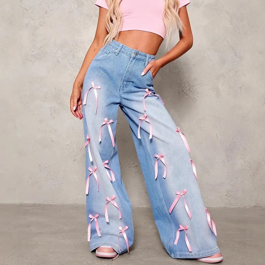 Women Creative Loose Bow Wide Leg Jeans