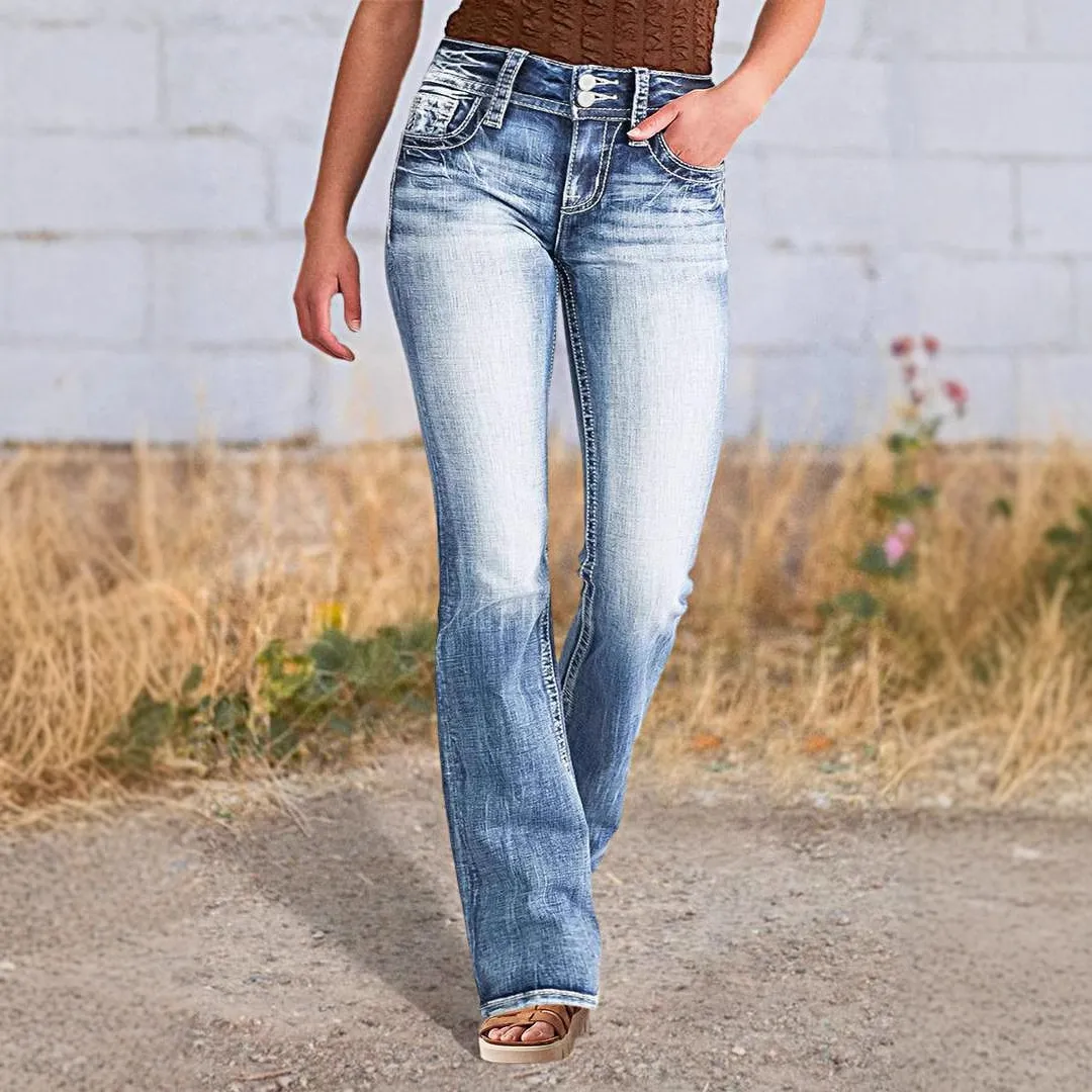 Women Retro High Waist Straight Leg Denim Jeans with Slight Elasticity